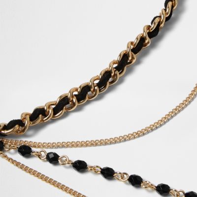 Gold tone layered bead bolo choker necklaces